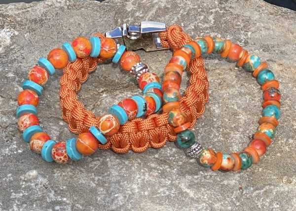 Parabeads armbanden set blauw/oranje met paracord oranje 3 delig