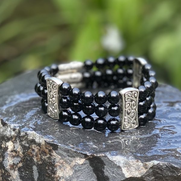 Kralen armband Black Onyx 8mm met Tibitaans Zilver