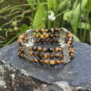 Kralen armband Tijgeroogbruin 4,6 en 8mm met Tibitaans Zilver
