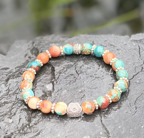 Kralen armband , Orange 8mm, met spacer Bali rond 2mm