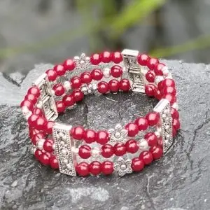 Kralen armband set, Eye off the Tiger, Tibitaans Zilver, rood 6mm