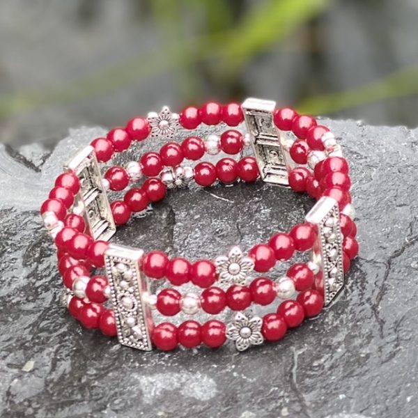 Kralen armband set, Eye off the Tiger, Tibitaans Zilver, rood 6mm