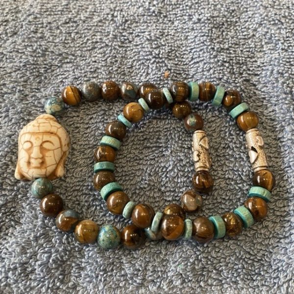 Kralen armband set Buddha met Tijgeroog donkerbruin/turquoise 8mm
