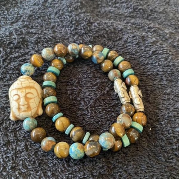 Kralen armband set Buddha bruin/turquoise met enkele schijfjes