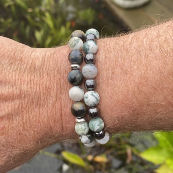 Kralen armband set a 2 armbanden 10mm Jasper Green/White/Hematiet 8mm