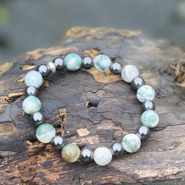 Kralen armband 10mm Jasper Green/White/Hematiet 8mm