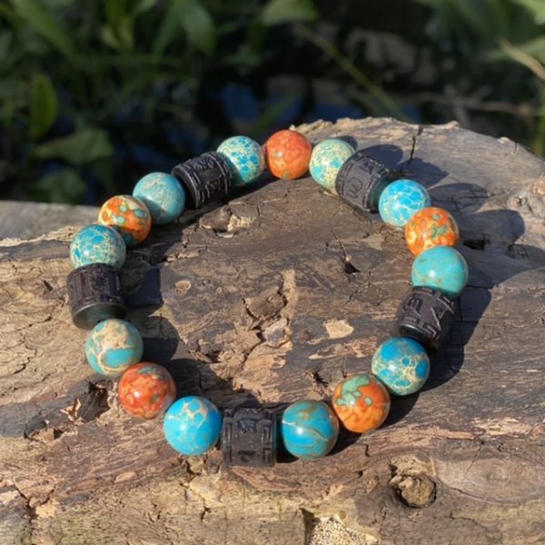 Kralen armband Tibet natural Orange/Turquoise 10 mm