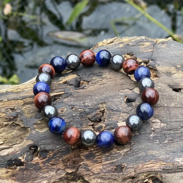 Kralen armband Tijgeroog/Hematiet 10 mm Blauw/Bruin