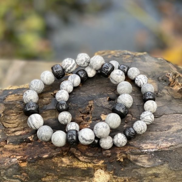 Kralen armbandset 10/12mm mat gepolijst Grey met houten Jujube kralen
