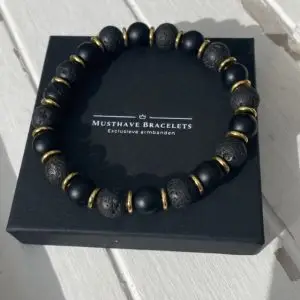 Heren/dames kralen armband Black Beauty Gold 10 mm