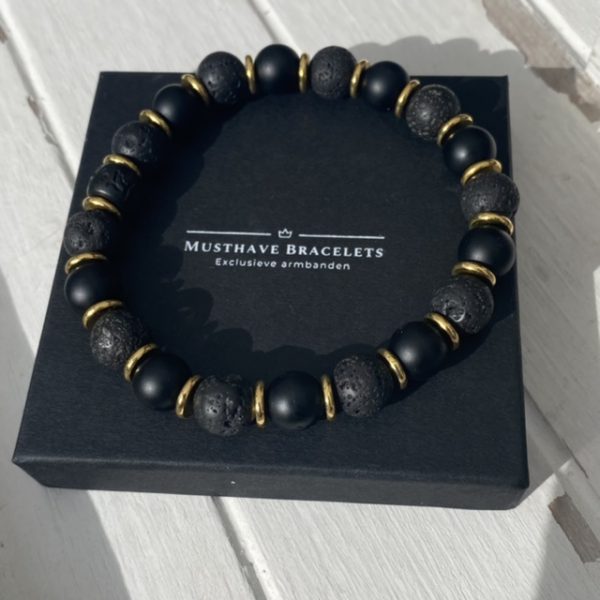 Heren/dames kralen armband Black Beauty Gold 10 mm