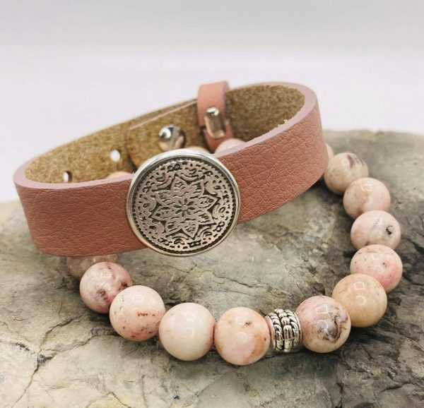 Leren armband roze met Amethist natuursteen