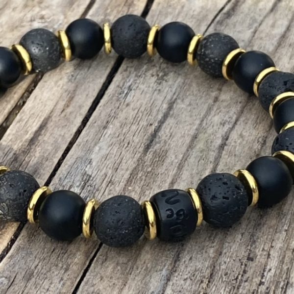 Heren/dames kralen armband Black Beauty Gold 10 mm
