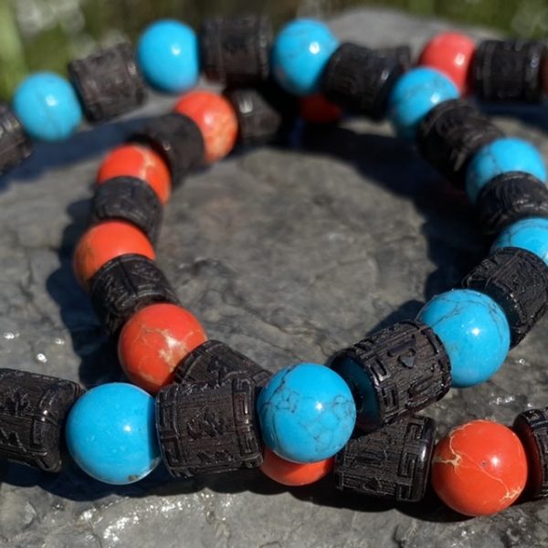 Dames en heren armbandenset Ebbenhout en kralen Turquoise/oranje