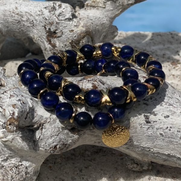 Kralen armband Tijgeroog 10 mm donkerblauw en goudkleurig