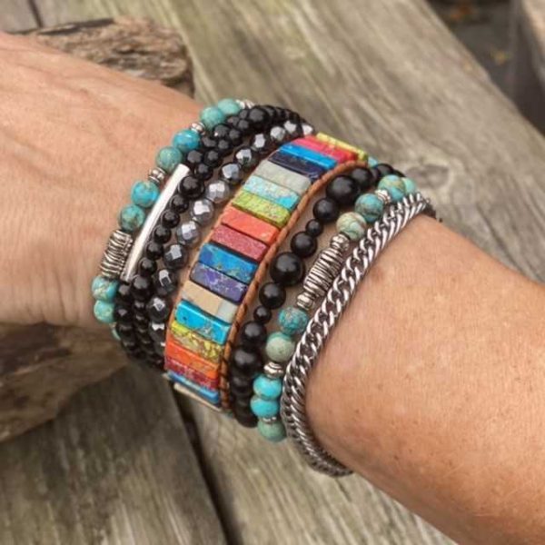 Kralen armbandset leder met rechthoekige natuurstenen multicolor