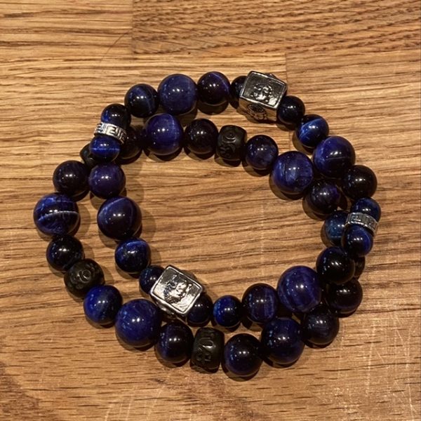 Kralen armbandset Tijgeroog donkerblauw met 2 Buddha's