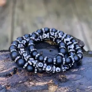 Armbandenset Matte Black Onyx en facet geslepen Mystieke 8/10 mm kralen met Tibitaanse Bone spacers