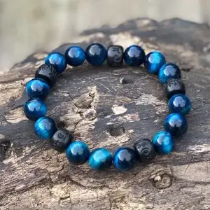 Kralen armband Tijgeroog 10 mm turquoise met Boeddhistische houten Jujube kralen