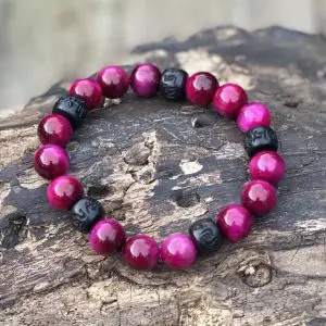 Kralen armband Tijgeroog 10 mm rood met Boeddhistische houten Jujube kralen