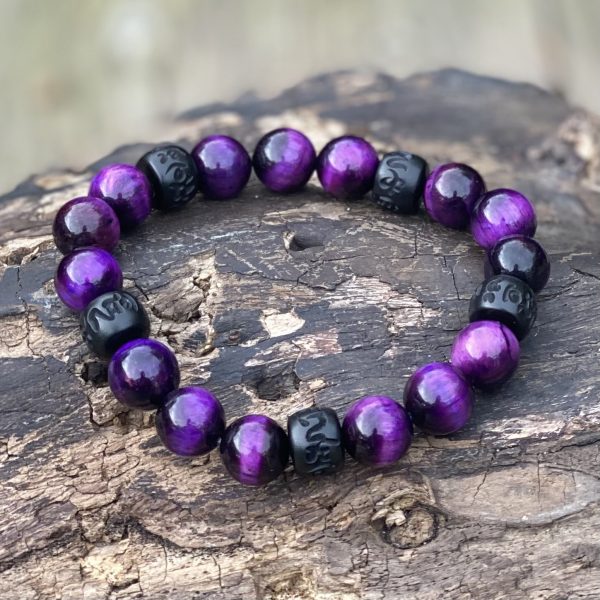 Kralen armband Tijgeroog 10 mm paars met Boeddhistische houten Jujube kralen