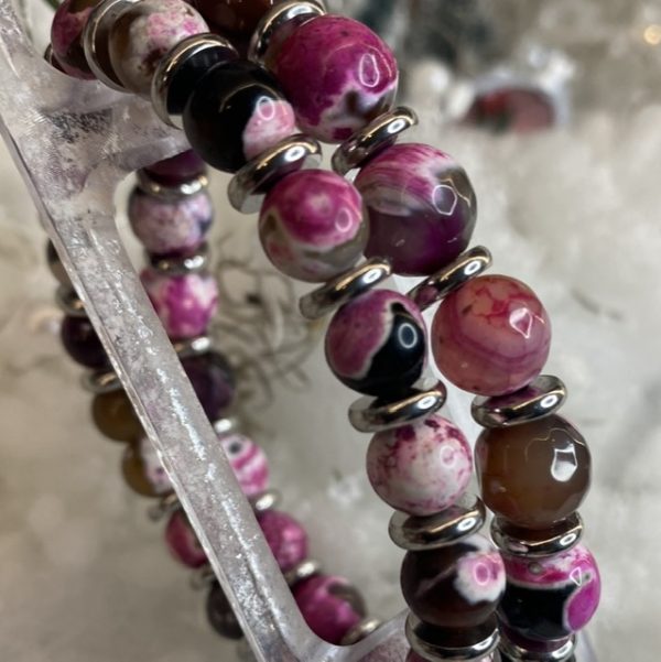 Armbandenset JaXX Tijgeroog Roze/zwart 8/10 mm met RVS spacers