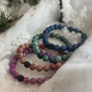 Kralen armbanden 10mm softtones, blauw met Jujube eindkraal