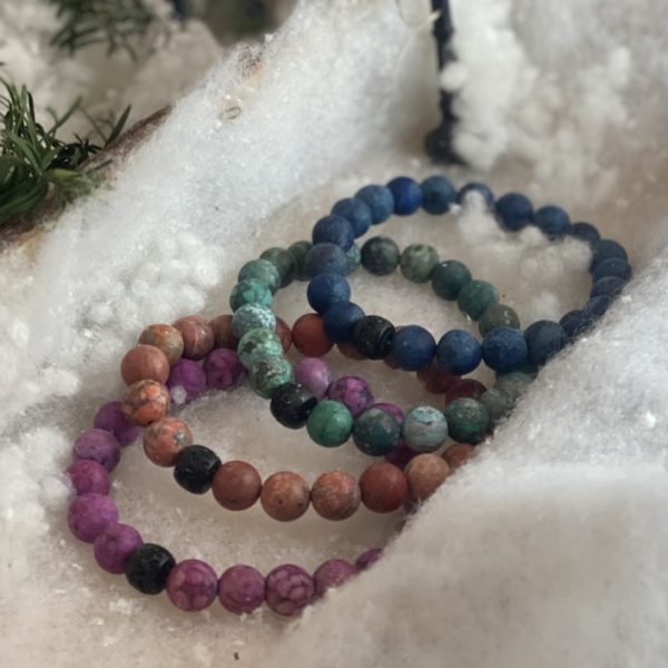 Kralen armbanden 10mm softtones, blauw met Jujube eindkraal