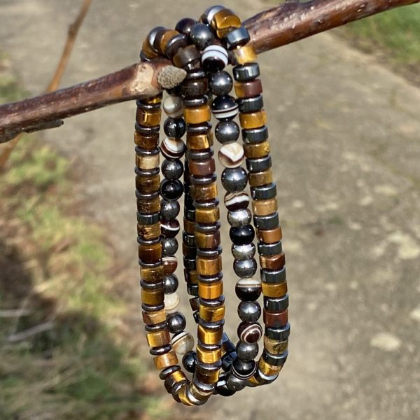 Armband 3-delig 4 mm met platte Heishi kralen Tijgeroog en Hematiet