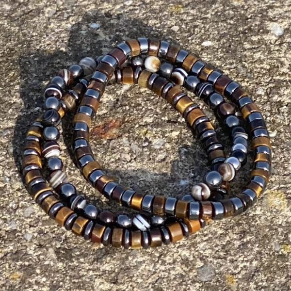 Armband 3-delig 4 mm met platte Heishi kralen Tijgeroog en Hematiet