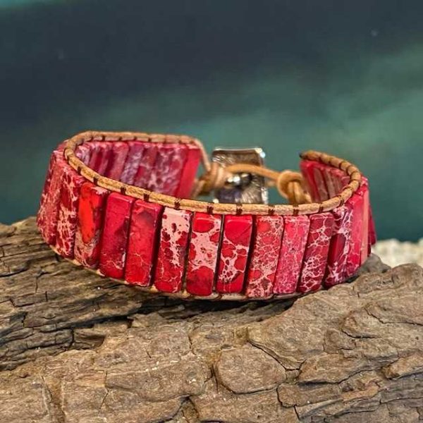 Ibiza armband leder met natuurstenen Rood