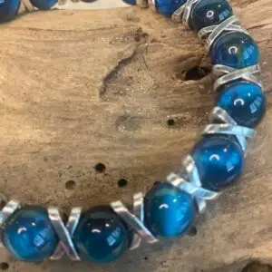 Armbanden Cross Tijgeroog Turquoise 10 mm met edelstaal spacers MB-16