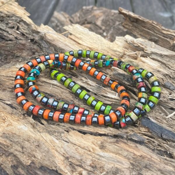 Armbandenset 3-delig platte Heishi kralen rood, groen, multicolour met Hematiet
