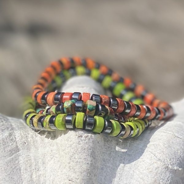 Armbandenset 3-delig platte Heishi kralen oranje, groen, multicolour met Hematiet