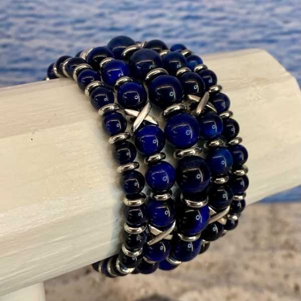 Armbanden set a 5 Cross/JaXX Sensation 6,8 en 10 mm met Edelstaal tijgeroog blue