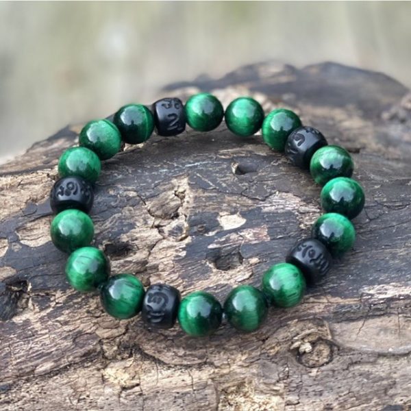 Kralen armband Tijgeroog 10 mm groen met Boeddhistische houten Jujube kralen