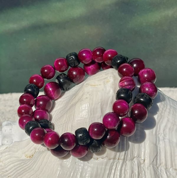 Kralen armband Tijgeroog 8/10 mm Roze met Boeddhistische houten Jujube kralen