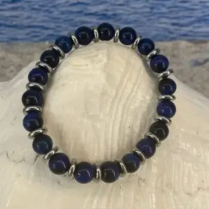 Armband JaXX Tijgeroog blauw 8mm met edelstelen spacers
