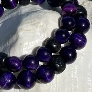 Kralen armband Tijgeroog paars 12 mm met Boeddhistische houten Jujube kralen