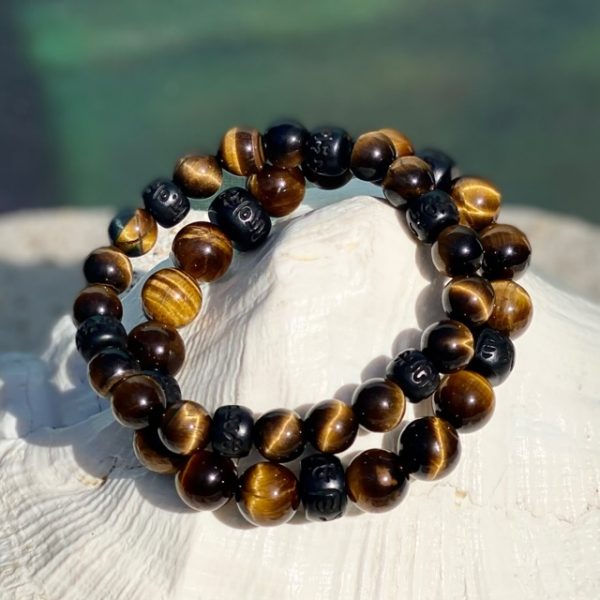 Kralen armband Tijgeroog midden bruin 12 mm met Boeddhistische houten Jujube kralen