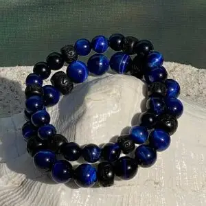 Kralen armband Tijgeroog blauw 12 mm met Boeddhistische houten Jujube kralen