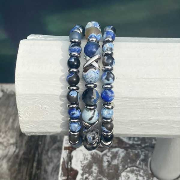 Armbanden set a 3 Cross/JaXX Sensation 6 en 8 mm met Edelstaal Ocean Blue