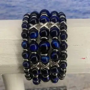 Armbanden set a 5 Cross/JaXX Tijgeroog blauw 6, 8,10,8 en 6 mm met Edelstaal