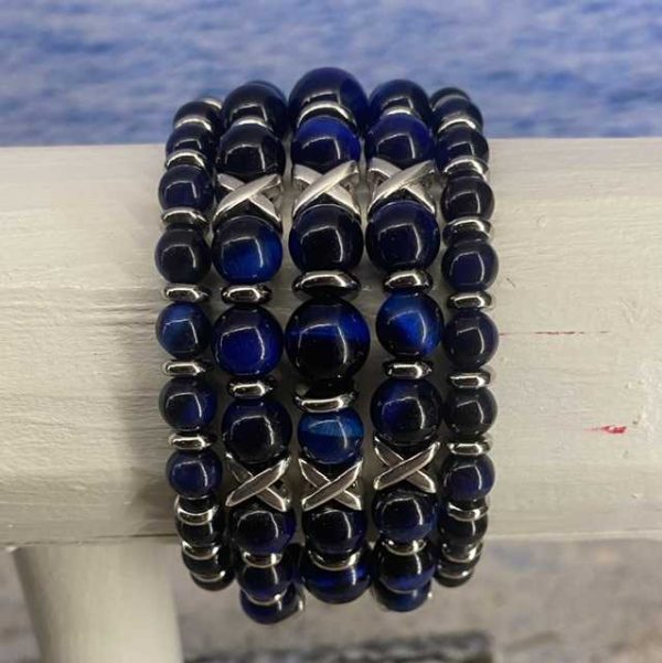 Armbanden set a 5 Cross/JaXX Tijgeroog blauw 6, 8,10,8 en 6 mm met Edelstaal