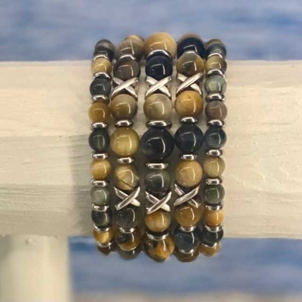 Armbanden set a 5 Cross/JaXX Tijgeroog multicolour 6, 8,10,8 en 6 mm met Edelstaal
