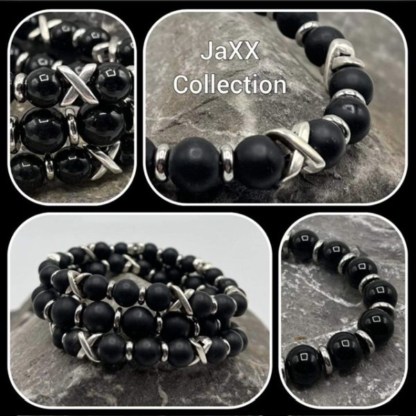 Armbanden set a 3 Cross/JaXX Black Onyx mat 6 en 8 mm met Edelstaal