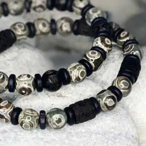 Armbandset Vintage Tibetaanse Agaat 8mm groen met ebbenhout