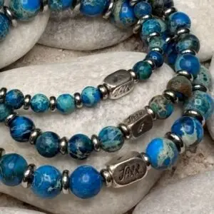JaXX armband met blauwe Keizerlijke Jaspis AAA 6,8 en 10mm met Sterling zillveren eindbead