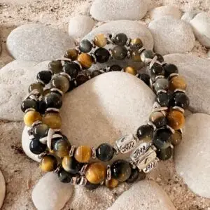 JaXX armband Tijgeroog multicolor blauw AAAA 8 en 10mm met RVS Spacers en  Sterling zillveren eindbead