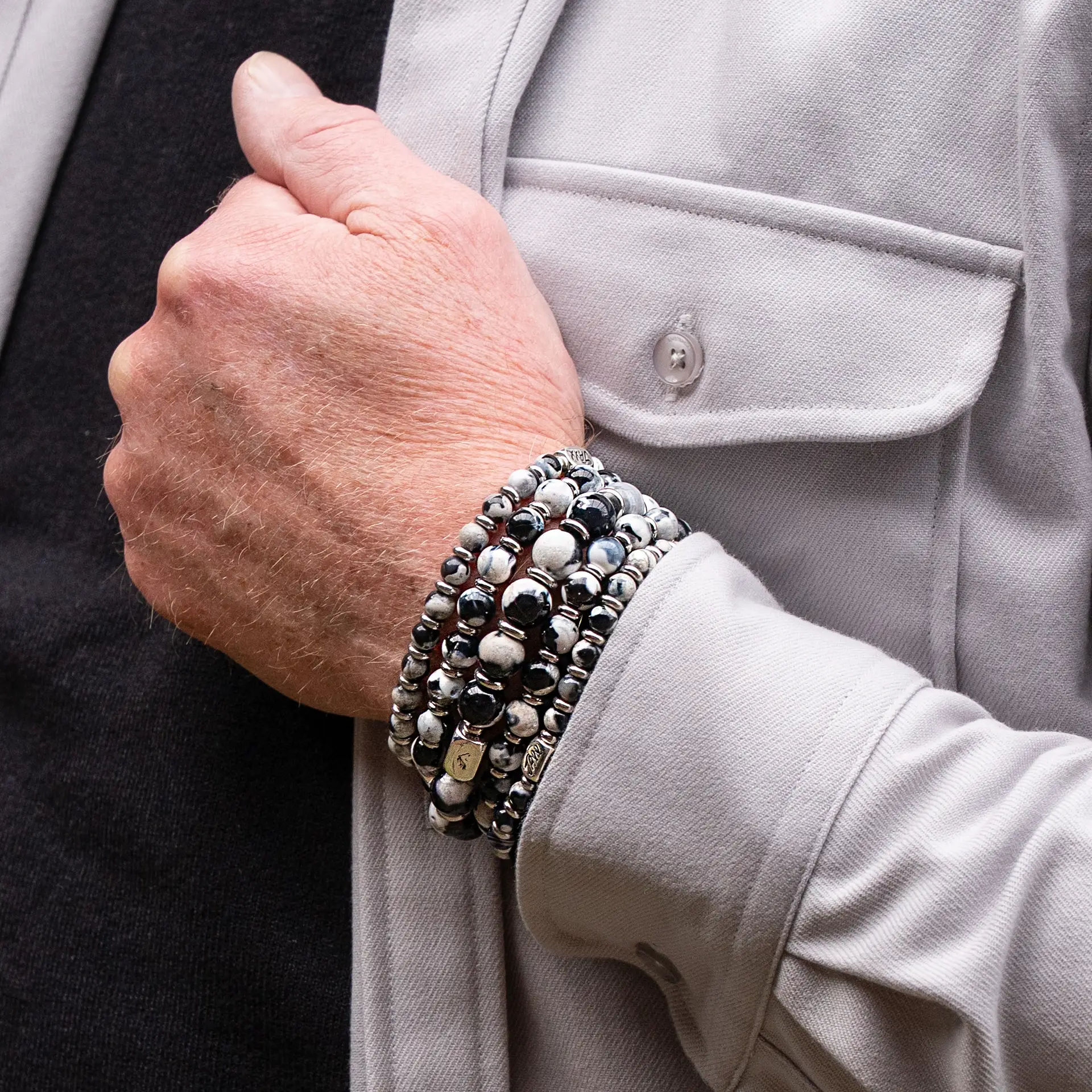 JaXX armband 6,8 en 10 mm Black&White Agaath met Sterling zilveren eindbead